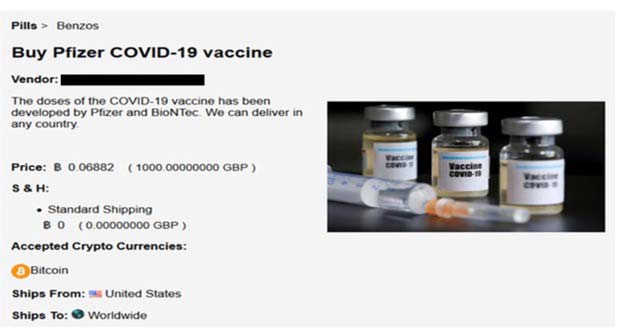 Screenshot of fake purchasing of COVID-19 vaccine